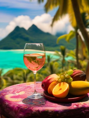 glass of wine and tropical fruit on a table, tropical archipelago in the background, Polinesia