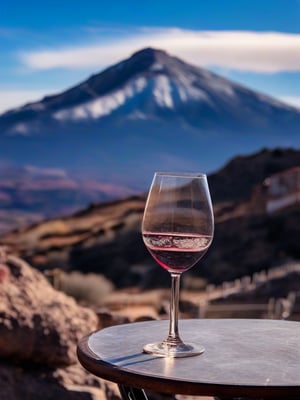 glass of wine on a table, vulcanic mountain with snow covered top in the background, Sicily Italy