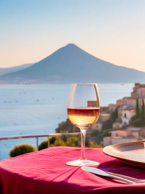 glass of wine on a table, seaside view with Vesuvio mountain in the background, Naples Italy