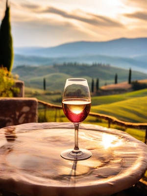 glass of wine on a table, mountain landscape in the background, Toscana