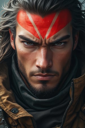 Realistic portrait photography, fast action time freeze, low angle close-up shot of an asian heroic warrior's face, straight long hair, striking red stripes Warrior Mark on his forehead and cheeks accentuate his unwavering warrior spirit and strength, fit body, long coat, wearing army boots, Amrulqays,Belang Tarung