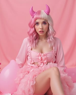 A whimsical full-body shot of a woman sitting down, her striking split-dyed hair (pink and white) cascading around her face as she gazes directly at the viewer. She wears a soft pastel pink shirt underneath a tight ruffled dress adorned with bows and ribbons that match the pink hue. A pair of pink devil horns add a touch of playfulness to her features. The background is a gentle, all-encompassing pink, creating a dreamy atmosphere as she sits comfortably amidst the sea of color.