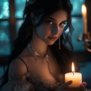 A 21-year-old girl with long black hair, cute and sexy, wearing a lavishly detailed Victorian gown. She has mascara on, holding a lit candle with wax dripping onto her hand. High-resolution image with detailed skin and eyes, captured in 8K UHD, DSLR quality, with film grain. The scene is well-lit, focusing on her expressive eyes and the intricate gown, set in a dimly lit, atmospheric background.