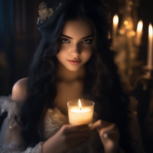 A 21-year-old girl with long black hair, cute and sexy, wearing a lavishly detailed Victorian gown. She has mascara on, holding a lit candle with wax dripping onto her hand. High-resolution image with detailed skin and eyes, captured in 8K UHD, DSLR quality, with film grain. The scene is well-lit, focusing on her expressive eyes and the intricate gown, set in a dimly lit, atmospheric background.