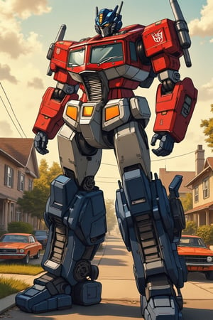 Full-screen shot of Optimus Prime, towering over an 80's suburban neighborhood. The background features pastel-colored houses, neatly trimmed lawns, and vintage cars parked along the street. Optimus stands majestically, his red and blue armor gleaming under the warm, golden afternoon sunlight. The composition centers on his powerful form, with the suburban landscape stretching out behind him, creating a striking contrast between the futuristic robot and the nostalgic setting.