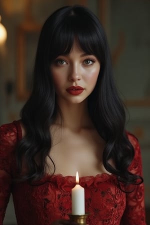 1girl(21 year old, cute, sexy, long black hair girl, wearing a lavishly detailed victorian gown, mascara, holding a lit candle with wax dripping onto her hand) high resolution, detailed skin, detailed eyes, 8k uhd, dslr, high quality, film grain