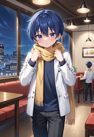 Highest quality, detailed background, 1boy, glowing golden scarf, blue hair, glowing blue eyes, shy, smile, blush, dark blue shirt, black second shirt, white jacket, black pants, hand on scarf, indoors, restaurant, standing, night, extremely detailed night sky, 