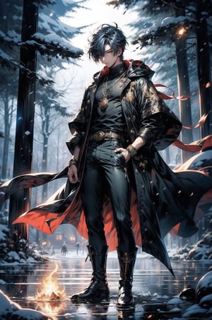 A male mage , from Elmas , deep blue short-sleeved shirt with flame and water symbols on the chest, black long coat with golden embroidery and Elmas crest, coat lined with blue and orange patterns, dark grey fitted trousers, black high boots , deep blue hair, green eyes , strong and energetic expression, silver necklace with a double element pendant ( water and fire), blue and red bracelets on wrists, light skin , muscular build , half-body portrait , fantasy setting standing on snowfield , forest in the background, snowy weather , sunlight breaking through clouds,