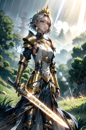 A beautiful girl, light green eyes, short brown hair, silver decorative forehead guard with intricate patterns, golden earrings with gemstones, sleeveless high-collar armor in metallic silver with gold accents, pleated skirt in dark blue with gold trim and ornate patterns, silver arm guards adorned with gold engravings, long black boots featuring gold decorative patterns, silver shin guards with intricate gold engravings, right hand holding a magical sword, bright orange glowing sword blade, standing on a grassy plain, forest in the background, rainy weather, sunlight breaking through clouds, sword blade evaporating water, steam rising from sword, elegant armor with silver and gold highlights.