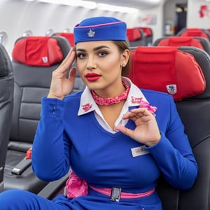 Airplane, airplane interior, Russian stewardess, beautiful face, red lips, blue stewardess uniform, blue skirt, blue stewardess cap, realistic