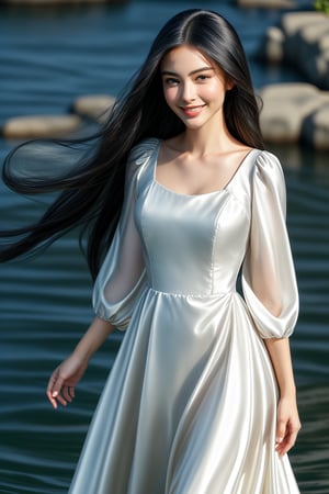 A beautiful woman with long, shiny black hair that cascades smoothly over her shoulders like silk. Her eyes are like deep, serene lakes, sparkling with wisdom and warmth. Her skin is fair and delicate, resembling flawless porcelain. Her smile is warm and enchanting, with her lips gently curving upwards, revealing perfectly aligned white teeth. She carries herself with elegance and exudes confidence and composure in every movement. She wears a simple yet sophisticated long dress that sways gracefully with the wind, adding a touch of dynamism and grace.