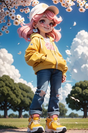 beauty. Masterpiece, best quality, 8K, official art, movie lighting, ultra-high resolution, 1girl, cherry-bloss, falling_petals, 1girl, 20 years old, blue sky, spring, (season), blue duckbill cap, white hoodie, jeans, sneakers, amusement park, (golden hair), sky, outdoor, clouds, bangs, smile, pink eyes, earrings, best quality. The picture is perfect. Holding_flower, wind, trees, full body camera, detail enhancement