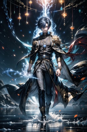 Anime style, A male mage , from Elmas , deep blue short-sleeved shirt with flame and water symbols on the chest, black long coat with golden embroidery and Elmas crest, coat lined with blue and orange patterns, dark grey fitted trousers, black high boots , deep blue hair, green eyes , strong and energetic expression, silver necklace with a double element pendant ( water and fire), blue and red bracelets on wrists, light skin , muscular build , half-body portrait , fantasy setting standing on snowfield , forest in the background, snowy weather , sunlight breaking through clouds,