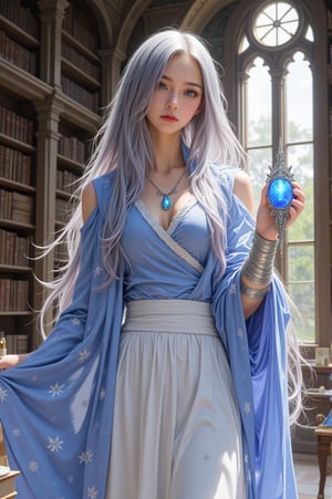 young and beautiful female mage, silver long hair, blue eyes, porcelain skin, gentle expression, sleeveless light blue robe with silver star patterns, white long skirt, blue crystal pendant necklace, silver bracelets, holding a magic wand with blue gem, ancient library setting, sunny and bright atmosphere