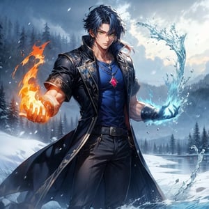 A young male , deep blue short-sleeved shirt , black long coat with silver embroidery, coat lined with blue and orange patterns, dark grey fitted trousers, dark red and black high boots, deep blue hair ,many dark red highlights on hair, green eyes , strong and energetic expression, silver necklace with  double gems ( sapphire and ruby) , dark red and black wrist braces, light skin , muscular build , The right hand is surrounded by flames and the left hand is surrounded by water. standing on snowfield, forest in the background, snowy weather , sunlight breaking through clouds,