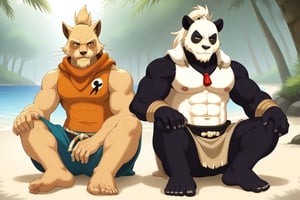 duo, furry cat man friend, ecaflip,Pandiego,wakfu_series,panda,kemono,pandawa,wakfu,pandiego_de_la_vega,wakfu,full_body,Japanese summer fastival,tall,muscular,fundosh,bara,manly, sitting_down, showing_feet,male,furry,showing soles, showing armpits,soles