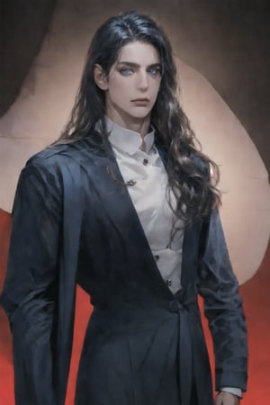 male focus, 1male, solo, 198cm of height, prime of manhood, very long hair, black hair, untied staright hair, little bit sad face, black millitary uniform, black long coat, black suit pants, white rhombus pupil, deep blue eyes, thick eyebrow, nice eyelash, upper body, 4k, masterpiece, wrinkles on face, wrinkles under eyes, skinny, looking at viewer, dark background, High detailed, cowboy shot, outfit, realistic render, 2D anime style, standing, holding long sword