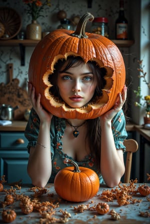 Vintage photography, meshed cracked paper, pinup posing in kitchen, her head is formed by huge broken colorful rotten halloween pumpkin on a vintage kitchen table, full of spider spin, closeup, cute eyes hutching from broken pumpkin, big blue eyes, double exposure, light and shadow, pumpkin shell