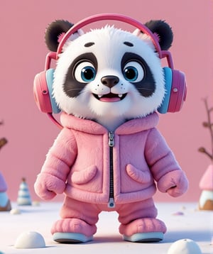 a pixar style design looking like a pink panda animal with headphones riding a bike and eating on a beach