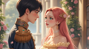 2people, 1young man and 1girl, couple staring at each other on their first encounter, the girl bumped into the young man's chest, the girl height is below the young man chin. this 1girl, noble lady, long hair, bangs, (emerald eyes), off-shoulder pastel yellow dress with pink border-lace, flowy layered dress, (pink-coral hair), (half_body view), earrings, lace_choker, standing elegantly and poise, her face expression surprised, mouth open. the 1young man, handsome face, (eyes sharp and clear blue like ice), long eyelashes, (jet-black hair neck-length in layer-tousled hairstyle), his body is slender but tough built, wearing royal outfit with army-style in dark blue colour with gold details, his face is surprised and looking at the girl. the background is palace hallway, garden, distance shot, stunning image, wallpaper quality, holographic, masterpiece, light particles, \(perfect anatomy\),anime style