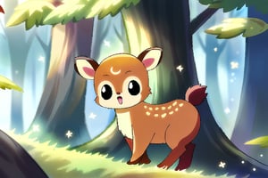 masterpiece, high quality, no human, a cute deer finding food in nearby trees, anime art style, background forest, nijiscenery, light_particles, leaves_particles, aesthetic,