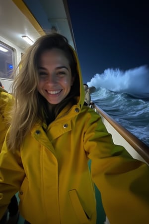 An iPhone captures a beautiful woman in a yellow raincoat. She laughs while taking a POV selfie aboard a cruiser, bravely confronting the ocean's fury during a hurricane at night.