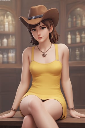 score_9, score_8_up, score_7_up, score_6_up, hi-res, 8k, source_anime, rating_safe, 3D, 3d_blender, relaxing on a pub, sitting on the bar with a beer, Selphie Tilmit, yellow dress, necklace, cowboy hat, brown hair, flipped hair