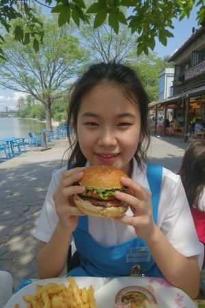 A warm and inviting close-up captures the joyful school girl, surrounded by lush foliage's shadows. She beams with carefree charm, wearing a crisp white shirt and matching blue pinafore. The camera focuses on her hands delicately holding a burger as she takes a bite, savoring the taste under the gentle afternoon sunlight. In the background, the restaurant's rustic facade and the serene riverbank create a picturesque setting, as if frozen in time.