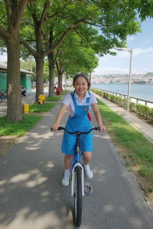 A bright and cheerful scene unfolds as a carefree school girl, donning a crisp white shirt and matching blue pinafore, pedals her bicycle down a wide walkway lined with lush greenery beneath a majestic tree. Her happy face beams with joy as she effortlessly navigates the path, school bag securely attached to the rear of her bike. In the distance, the serene river flows gently behind the charming town, providing a picturesque backdrop for this idyllic morning commute.