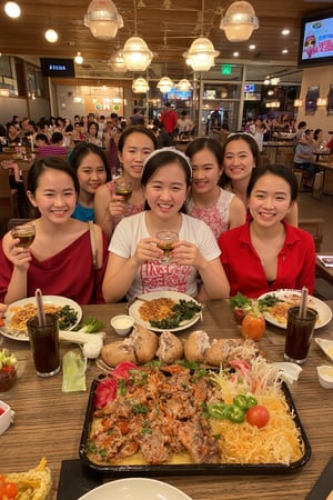 A vibrant scene unfolds as a group of Asian girls gather at a trendy restaurant, laughing and chatting over plates of delicious food. Soft golden lighting illuminates their smiling faces, while the warm glow of table lamps adds depth to the cozy atmosphere. The composition is lively, with friends clustering around a central table, their brightly colored outfits creating a pop of color against the rustic wooden decor. One girl raises her glass in a toast, her friends cheering and clinking their glasses together as they share a joyful moment.