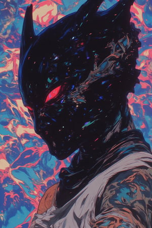 A hyper-realistic portrait set against a vaporwave aesthetic background, showcasing a man in a full ski mask covering his head, face, neck, and ears. The only visible part of his face is his striking, piercing eyes, adorned with red glowing extended eyeshadow that lends an eerie look. The ski mask features iridescent, colorful asymmetrical patterns that shimmer artistically. He wears a white vest, with intricate tattoos covering his arms and neck, contrasting against the vibrant, stylized vaporwave background filled with neon colors and abstract shapes. The scene's soft, diffused lighting creates subtle shadows that enhance the mask's texture and highlight the intensity of his gaze, evoking a captivating yet unsettling mood.