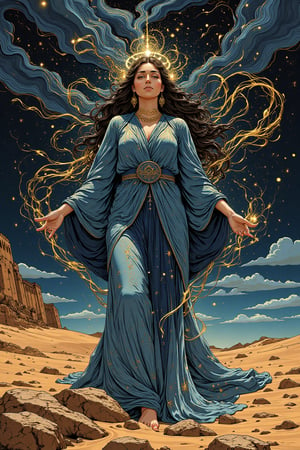 A dreamlike vision of Isis, depicted as a regal figure in flowing robes that blend into the ethereal surroundings. Her body warps into flowing currents of deep blue and silver, her form adorned with intricate symbols and patterns. Behind her, a surreal landscape of swirling sand dunes and ancient ruins distorts and stretches into a cosmic night sky. Vector lines of golden light radiate from her outstretched arms, connecting the heavens and earth, while waves of soft, translucent light ripple around her, creating an otherworldly sense of motion and harmony.