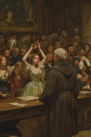 A dramatic moment in a medieval court, capturing the accused, an older man in a worn but dignified brown cloak, vehemently denying the plaintiff's claims. The plaintiff, a noblewoman in a pale green gown with gold embroidery, stands with her hands raised in frustration, her expression one of disbelief. The crowd, dressed in various 1400s garments, erupts in anger, some throwing white handkerchiefs as a sign of discontent. The grand hall is filled with wooden beams and tapestries depicting historical battles, setting a serious tone for the proceedings, while flickering torches cast dramatic shadows on the faces of the captivated audience.