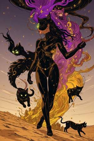 A depiction of Bastet, the feline goddess of protection, in a surreal landscape where reality merges with the abstract. Her silhouette is half-human, half-cat, with her sleek figure gracefully distorting and blending with the environment. Waves of purple and gold light ripple out from her, transforming into the shapes of celestial cats in the distance. Bastet’s eyes glow emerald, leaving trails of shimmering green light in their wake. The ground beneath her curves into a surreal desertscape with floating fragments of ancient temples merging into the space above, connected by swirling golden vectors.