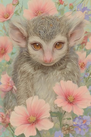 A captivating close-up portrait of a pygmy marmoset nestled among pastel-colored flowers in soft pinks and lavenders. The tiny marmoset's delicate features are enhanced by the gentle hues of the petals, creating a charming and whimsical composition. The background features a harmonious blend of greens and floral tones, beautifully highlighting the marmoset's inquisitive expression and enhancing the enchanting flower theme.

