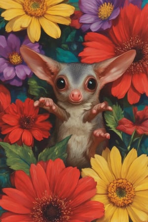 An adorable close-up portrait of a sugar glider amidst a colorful mix of exotic flowers in shades of vibrant reds, yellows, and purples. The sugar glider's large, expressive eyes shine brightly against the vivid floral backdrop. The flowers create a dynamic, colorful frame around it, enhancing the sense of playfulness. The background is a soft blur of complementary colors, emphasizing the sugar glider's charm and lively spirit.