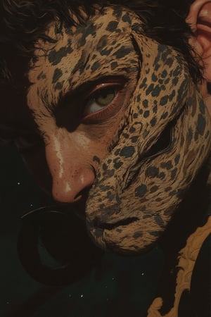 A hyper-detailed close-up portrait of a human face blended with that of a jaguar. The left side of the face features a young man with sharp, defined cheekbones and intense green eyes, while the right side transitions artistically into the wild, spotted face of a jaguar. The blending is asymmetrical and surreal, with the smooth human skin seamlessly merging into the jaguar’s patterned fur, fading gradually along the jawline and temple. The human eye remains piercing, while the jaguar’s eye exudes a primal alertness, highlighting the duality of nature and humanity. Subtle moonlight bathes the scene, accentuating the contrasting textures of the man’s skin and the jaguar’s fur, evoking a sense of wild power and untamed beauty.