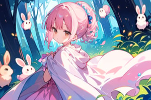 masterpiece, best quality, 8K UHD, mother and daughter character, ((1girl, age 8, brown eyes, (pink hair) in natural_wavy_style, elegant hairstyle, wearing cute royal gown in pink colour, wearing cloak, hair_adorned_with_ribbon)), she walk into a forest, there are rabbit, squirrel and birds. (character shot from behind), wide_shot, light_particles, pastel color palette,glowing effects, aesthetic,score_9,score_8_up, score_7_up,kawaii clothing style