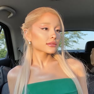 arianagrande 2024 style blonde with a down tail hairstyle ,Ariana Grande selfie, herself taking her picture, her inside a car, With a green dress, The background is a car, sun lighting, 4k quality, 4k detailed, realistic, best quality