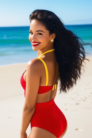 MUJER DE 30 AÑOS, cabello negro, con una hermosa sonrisa que enamora, caminado en la playa con un traje de baño amarillo de con rojo, atardeciendo en la orilla de la playa de cuerpo completo, labios rojos, con una belleza extraordinaria, estilo los 90s, mega calidad.    score_9, score_8_up, score_7_up, BREAK,score_9, score_8_up, score_7_up, BREAK,score_9, score_8_up, score_7_up, BREAK,