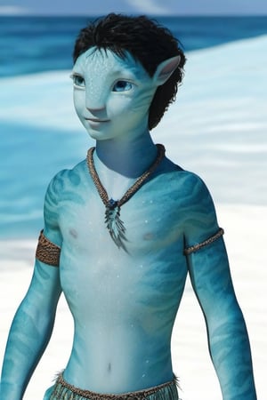 Beautiful na’vi, kid boy, aqua skin, short black hair, blue eyes, ((white:background)), ((full body)), freckles, detailed, hdr, high quality, movie still, visible tail, skin detail, ADD MORE DETAIL,
