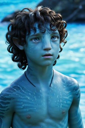 Beautiful na’vi, boy kid, aqua skin, young, black curly hair, blue eyes, ((sea:background)), ((closeup)), movie scene, freckles, detailed, hdr, high quality, movie still, visible tail, skin detail, ADD MORE DETAIL