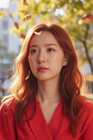 A close-up shot of a striking Korean woman with vibrant red hair and attire, set against a blurred cityscape backdrop. Sharp focus is maintained on her facial features, showcasing intricate details. A subtle shadow of falling leaves dances across her face, as the wind gently blows through her locks. The bright background highlights the urban atmosphere, while the rustling foliage creates a sense of movement and energy.