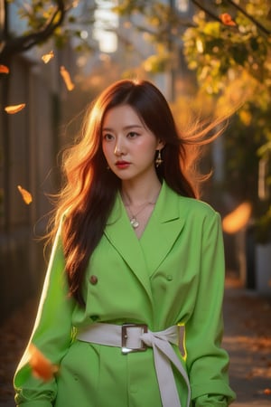 Ultra-wide shot of a striking Korean woman in a vibrant green outfit, with intricate details showcased in a close-up of her face. Her fiery locks are blown by the wind, and the sunlight casts a warm glow on her features. The camera zooms in on her face, emphasizing sharp details and textures. In the blurred background, the rustling leaves create a sense of movement, as if the woman is standing amidst an urban landscape surrounded by falling autumn foliage. Her bright white outfit stands out against the muted tones of nature, highlighted by the subtle shadow of leaves dancing across her face. The belt and accessories on her outfit add a touch of modernity to this whimsical scene.