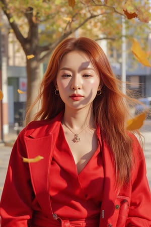 A close-up shot captures a stunning Korean woman's face, her fiery red locks whipping about in the wind. The intricate details of her facial features are sharply defined, while the blurred background allows her to take center stage. A leafy shadow falls across her cheek, accentuating her porcelain skin. She wears a vibrant red outfit, accessorized with a belt and statement pieces, against a bright, urban backdrop. Amidst the autumnal setting, leaves fall around her as she stands confidently, her hair blown back by the gusts.