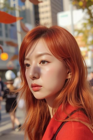 A close-up shot of a striking Korean woman with vibrant red hair and attire, set against a blurred cityscape backdrop. Sharp focus is maintained on her facial features, showcasing intricate details. A subtle shadow of falling leaves dances across her face, as the wind gently blows through her locks. The bright background highlights the urban atmosphere, while the rustling foliage creates a sense of movement and energy.