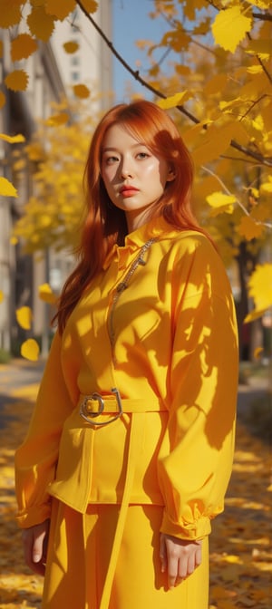 Ultra-wide shot of a striking Korean woman in a vibrant light yellow outfit, with intricate details showcased in a close-up of her face. Her fiery locks are blown by the wind, and the sunlight casts a warm glow on her features. The camera zooms in on her face, emphasizing sharp details and textures. In the blurred background, the rustling leaves create a sense of movement, as if the woman is standing amidst an urban landscape surrounded by falling autumn foliage. Her bright light yellow outfit stands out against the muted tones of nature, highlighted by the subtle shadow of leaves dancing across her face. The belt and accessories on her outfit add a touch of modernity to this whimsical scene.