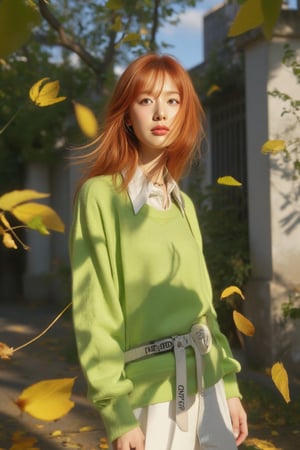 Ultra-wide shot of a striking Korean woman in a vibrant green outfit, with intricate details showcased in a close-up of her face. Her fiery locks are blown by the wind, and the sunlight casts a warm glow on her features. The camera zooms in on her face, emphasizing sharp details and textures. In the blurred background, the rustling leaves create a sense of movement, as if the woman is standing amidst an urban landscape surrounded by falling autumn foliage. Her bright white outfit stands out against the muted tones of nature, highlighted by the subtle shadow of leaves dancing across her face. The belt and accessories on her outfit add a touch of modernity to this whimsical scene.