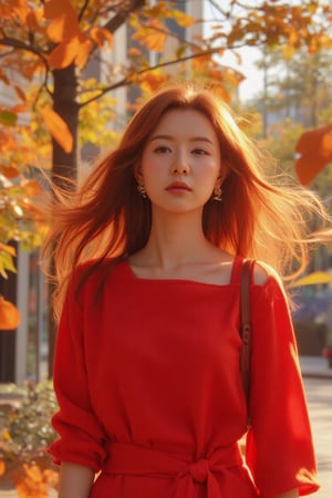 Ultra-wide shot of a striking Korean woman in a vibrant red outfit, with intricate details showcased in a close-up of her face. Her fiery locks are blown by the wind, and the sunlight casts a warm glow on her features. The camera zooms in on her face, emphasizing sharp details and textures. In the blurred background, the rustling leaves create a sense of movement, as if the woman is standing amidst an urban landscape surrounded by falling autumn foliage. Her bright red outfit stands out against the muted tones of nature, highlighted by the subtle shadow of leaves dancing across her face. The belt and accessories on her outfit add a touch of modernity to this whimsical scene.