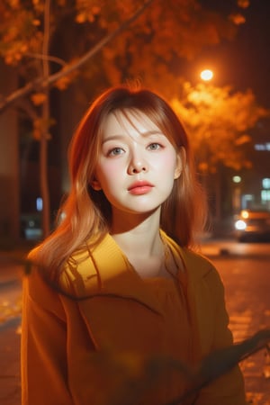 A vibrant close-up portrait of a Korean woman lit by a flashlight with striking features: intricate details on her face, sharp and defined. Her fiery red locks blow gently in the wind, while her attire matches the bold hue. A blurred background allows the subject to take center stage. The soft shadow of falling leaves casts a warm tone on her face, drawing attention to her features. In the midst of an urban landscape, autumn's color palette bursts forth with bright backdrops and rustling foliage. Amidst the scene, a distant car glides smoothly by, adding depth to the composition.